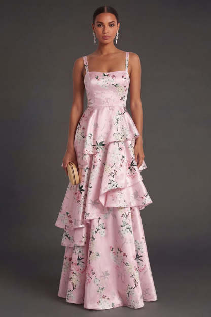 Leely Women Blue Floral A Line Tiered Ruffled Long Wedding Guest Dress Thick Straps Satin Sleeveless Garden Party Dress