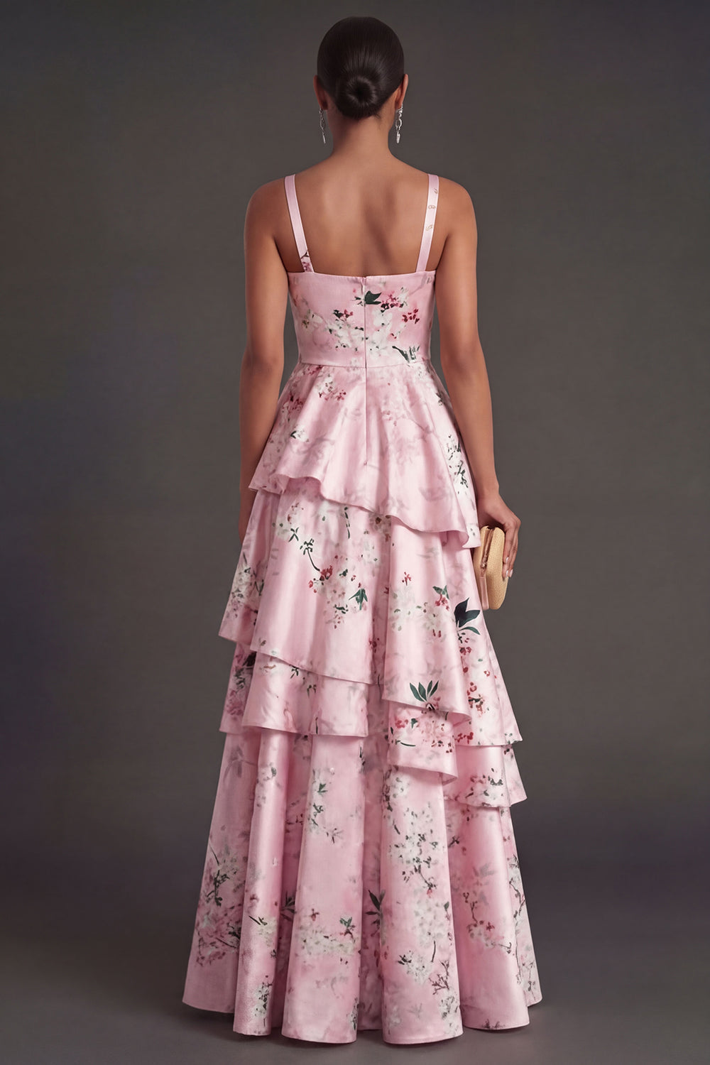 Blue Floral A Line Tiered Ruffled Thick Straps Long Wedding Guest Dress