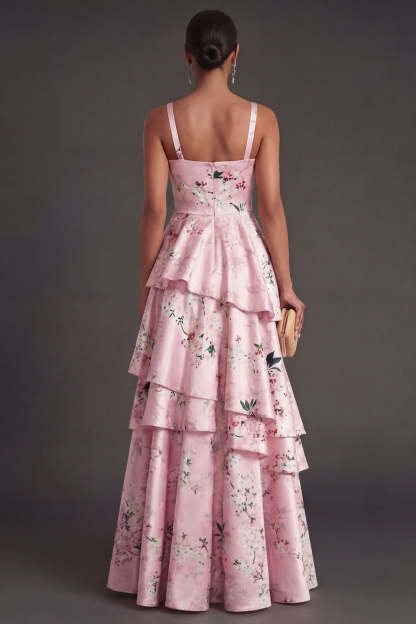 Blue Floral A Line Tiered Ruffled Thick Straps Long Wedding Guest Dress