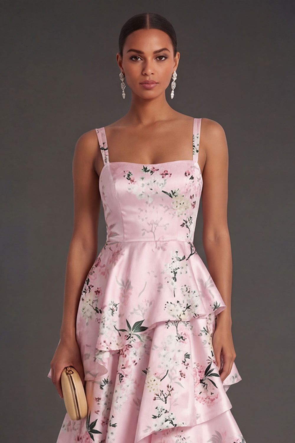 Blue Floral A Line Tiered Ruffled Thick Straps Long Wedding Guest Dress