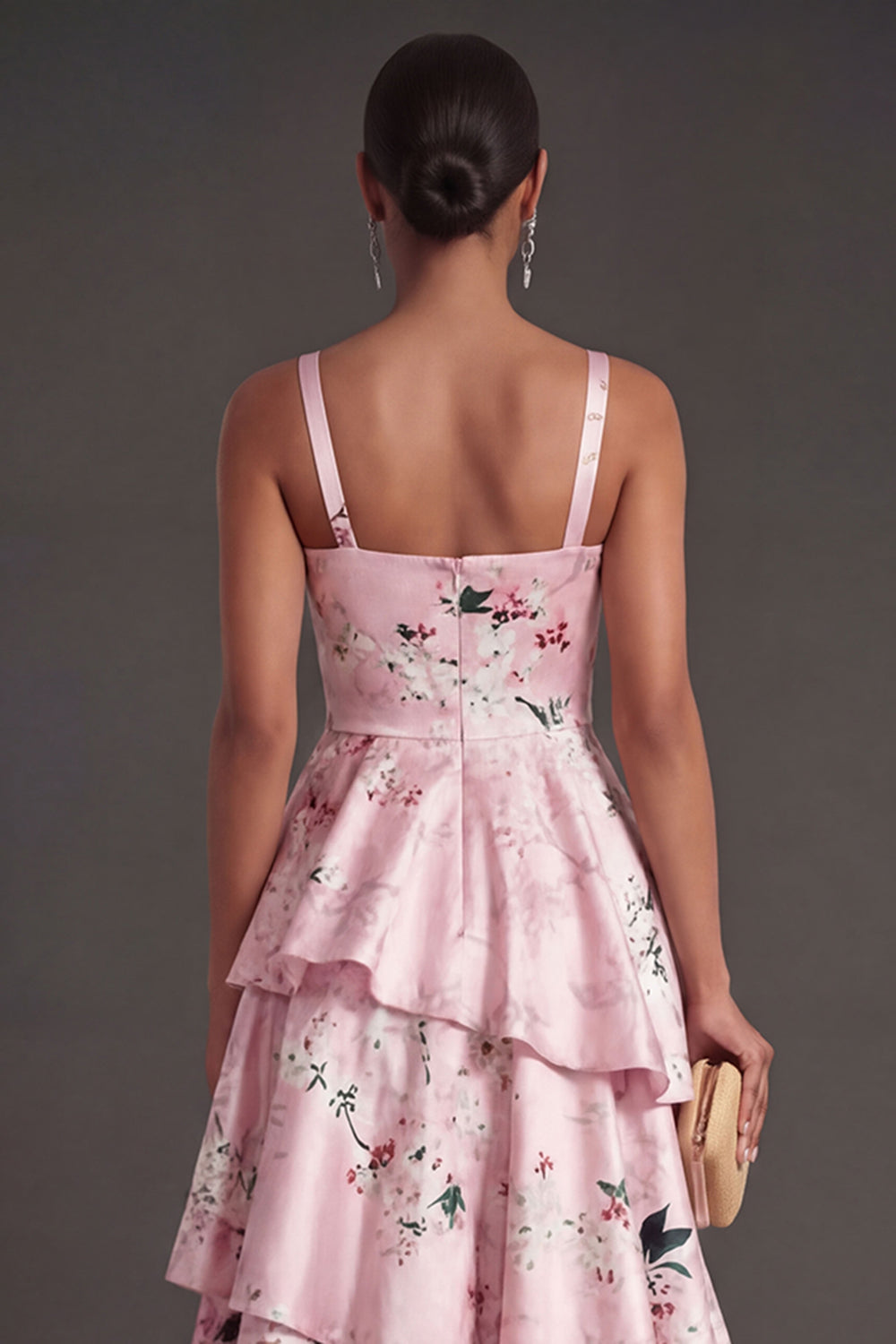 Blue Floral A Line Tiered Ruffled Thick Straps Long Wedding Guest Dress