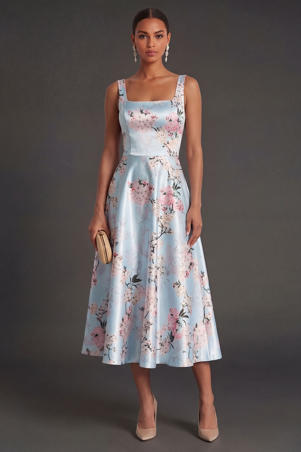 Satin Blue Floral A Line Thick Straps Midi Wedding Guest Dress