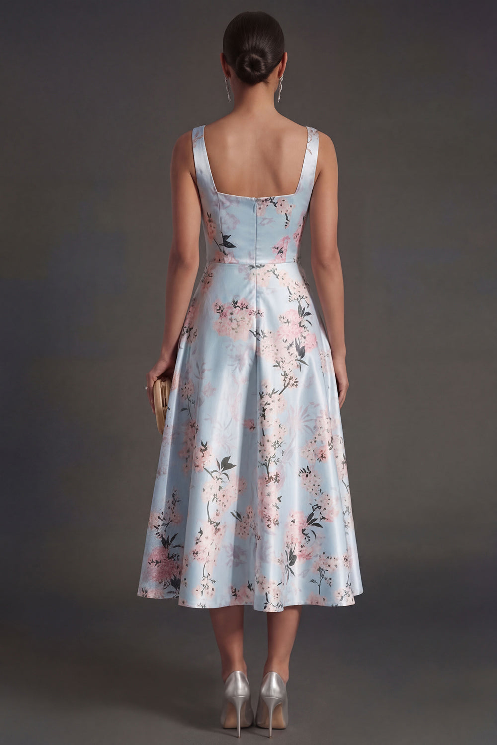 Satin Blue Floral A Line Thick Straps Midi Wedding Guest Dress