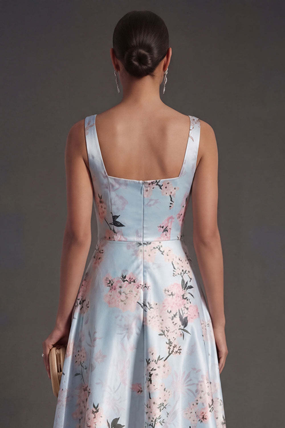 Satin Blue Floral A Line Thick Straps Midi Wedding Guest Dress