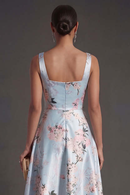 Satin Blue Floral A Line Thick Straps Midi Wedding Guest Dress