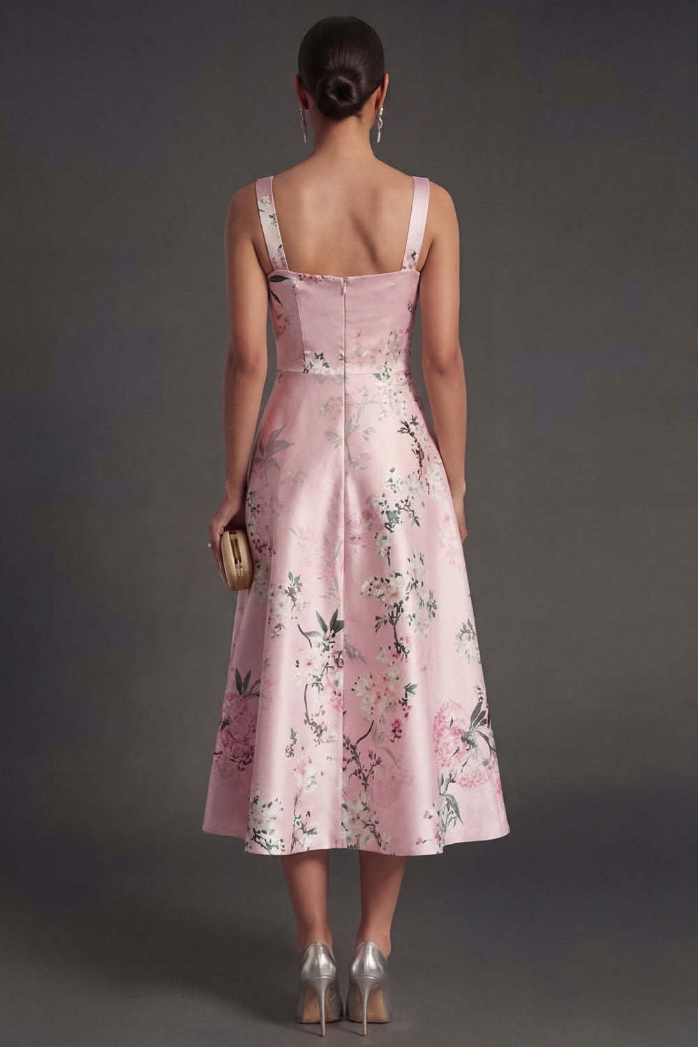 Satin Blue Floral A Line Thick Straps Midi Wedding Guest Dress