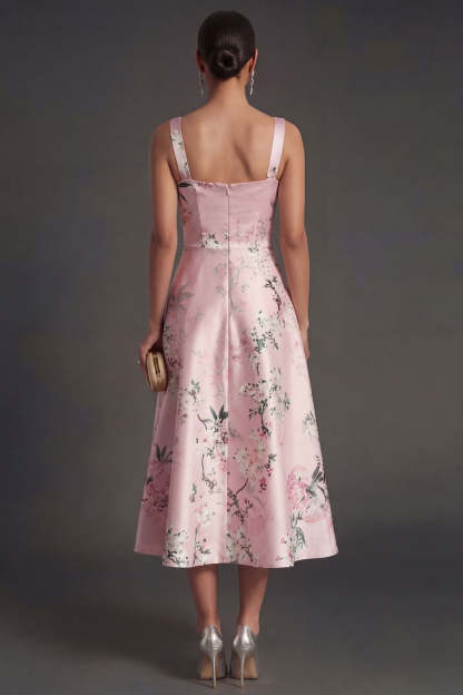 Satin Blue Floral A Line Thick Straps Midi Wedding Guest Dress