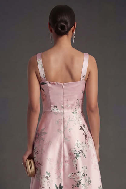 Satin Blue Floral A Line Thick Straps Midi Wedding Guest Dress