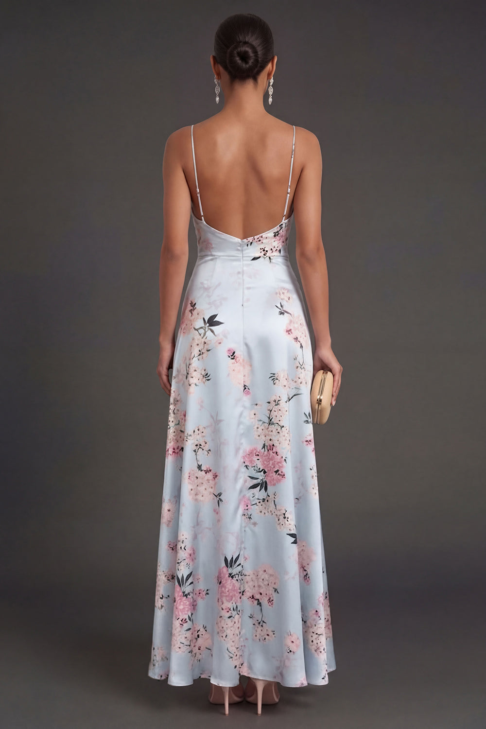 Satin Blue Floral A Line Ruffled Long Wedding Guest Dress