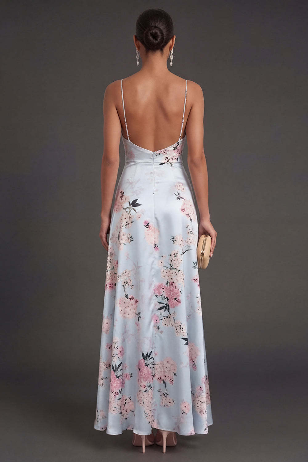 Satin Blue Floral A Line Ruffled Long Wedding Guest Dress
