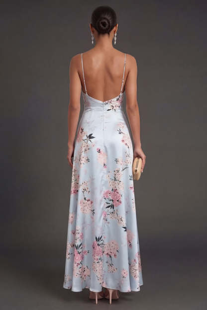 Satin Blue Floral A Line Ruffled Long Wedding Guest Dress