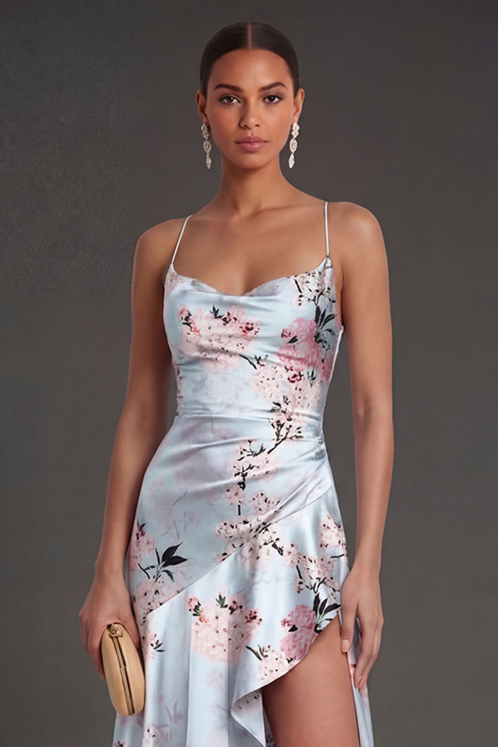 Satin Blue Floral A Line Ruffled Long Wedding Guest Dress