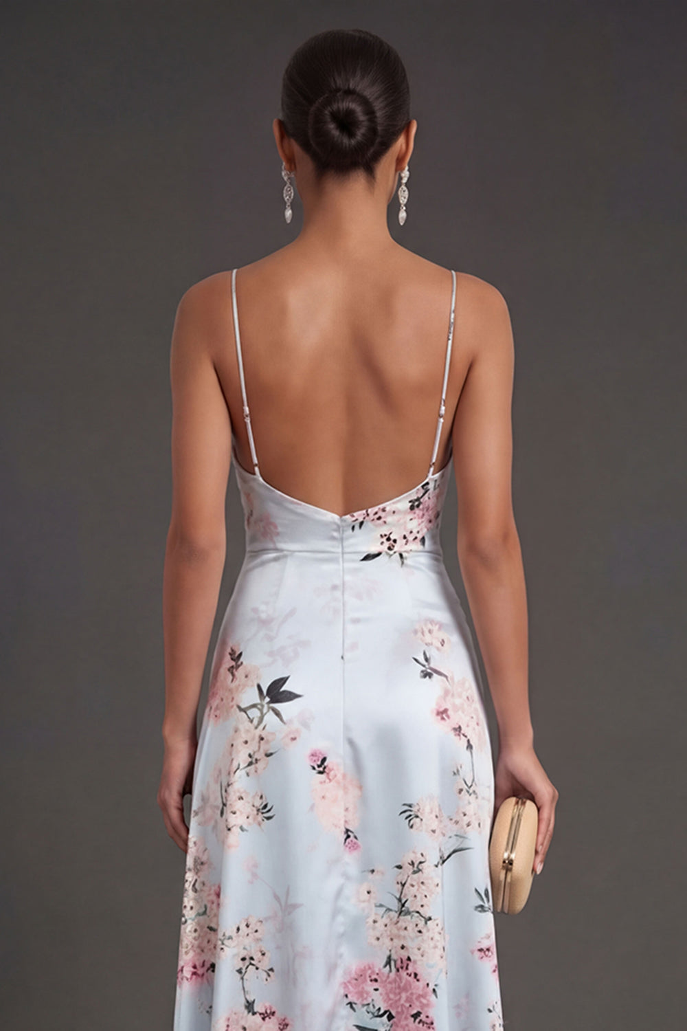 Satin Blue Floral A Line Ruffled Long Wedding Guest Dress