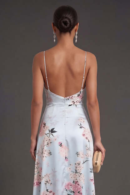 Satin Blue Floral A Line Ruffled Long Wedding Guest Dress