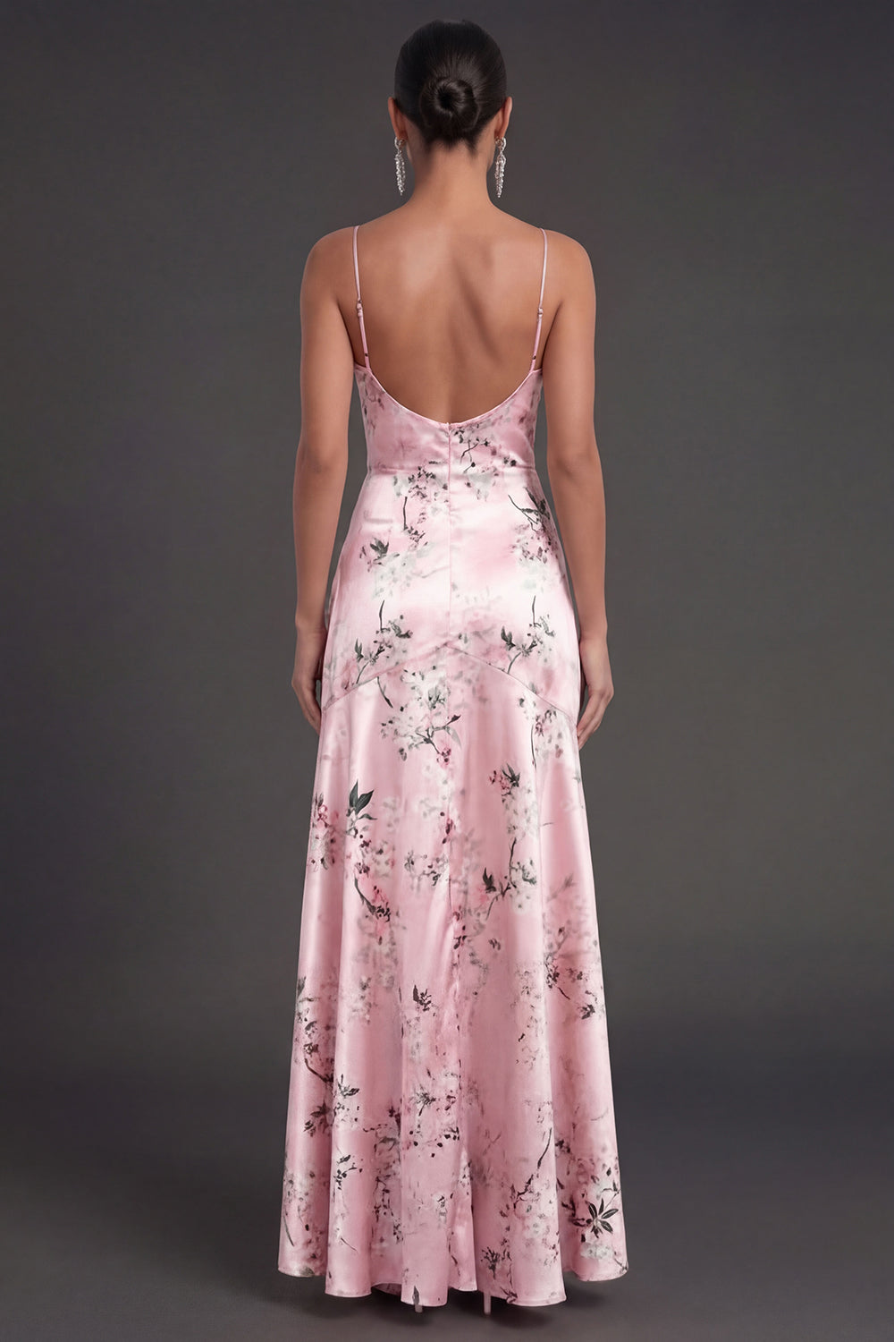 Satin Blue Floral A Line Ruffled Long Wedding Guest Dress