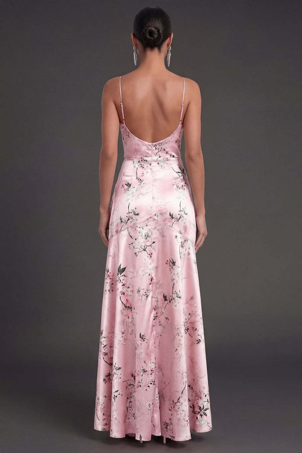 Satin Blue Floral A Line Ruffled Long Wedding Guest Dress