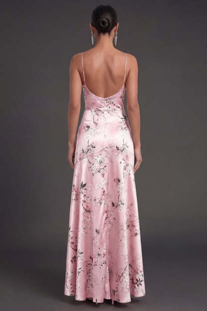 Satin Blue Floral A Line Ruffled Long Wedding Guest Dress
