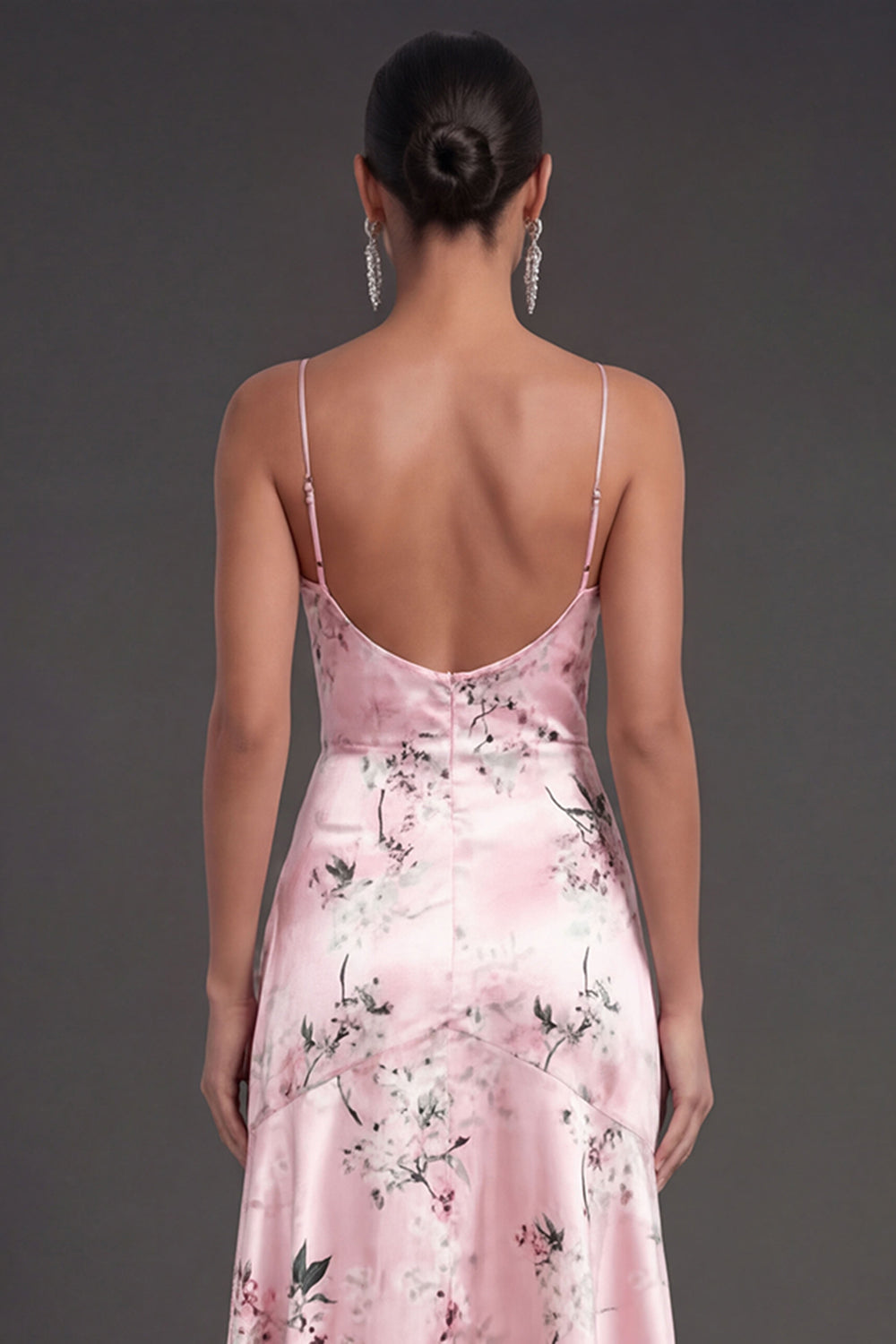 Satin Blue Floral A Line Ruffled Long Wedding Guest Dress