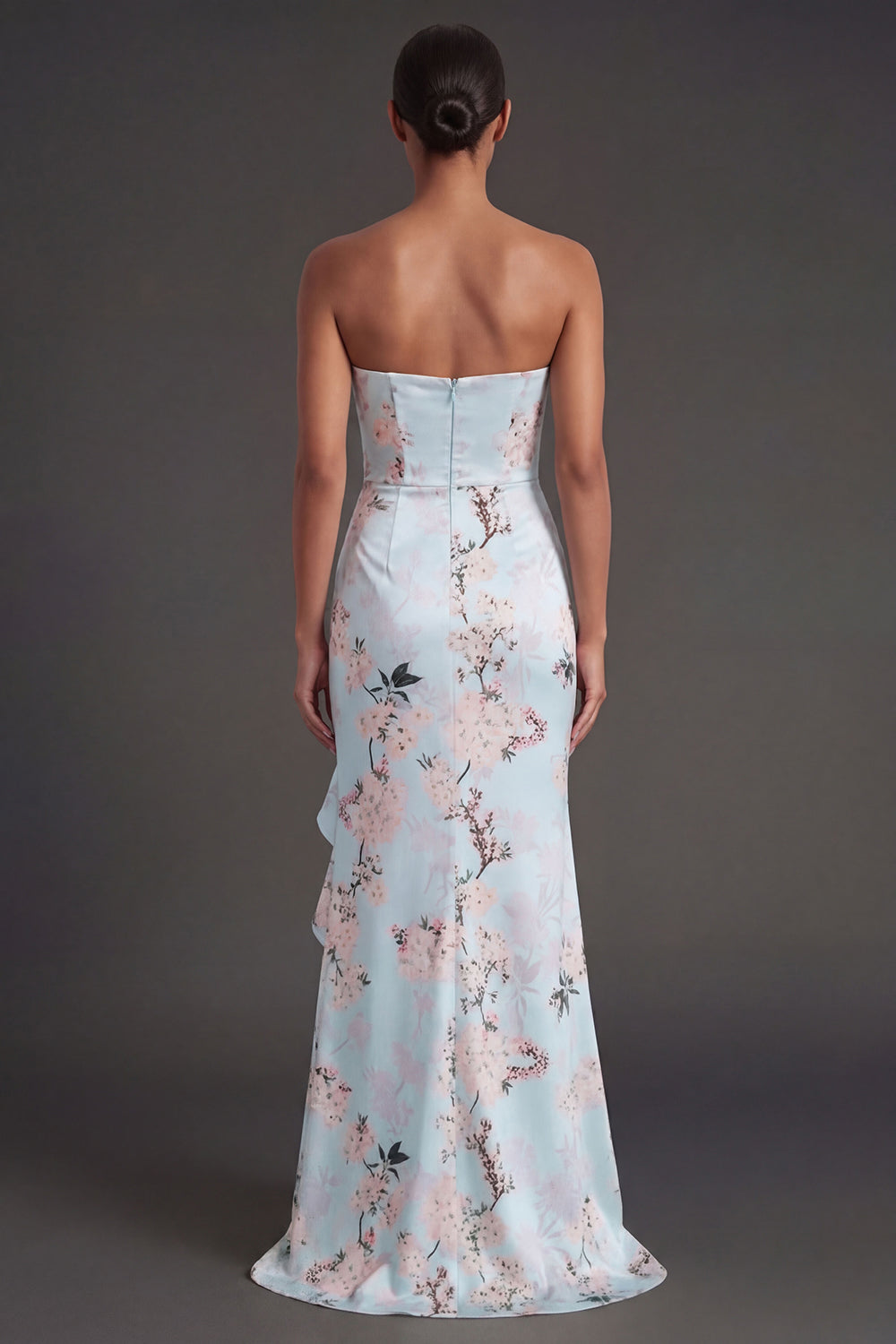 Pink A Line Ruffled Floral Strapless Long Wedding Guest Dress with Slit