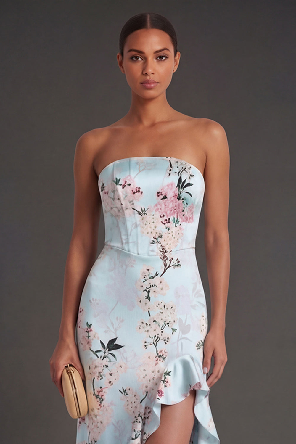 Pink A Line Ruffled Floral Strapless Long Wedding Guest Dress with Slit