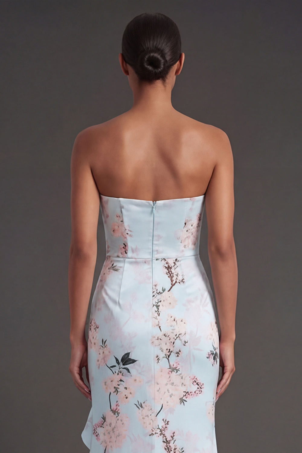 Pink A Line Ruffled Floral Strapless Long Wedding Guest Dress with Slit