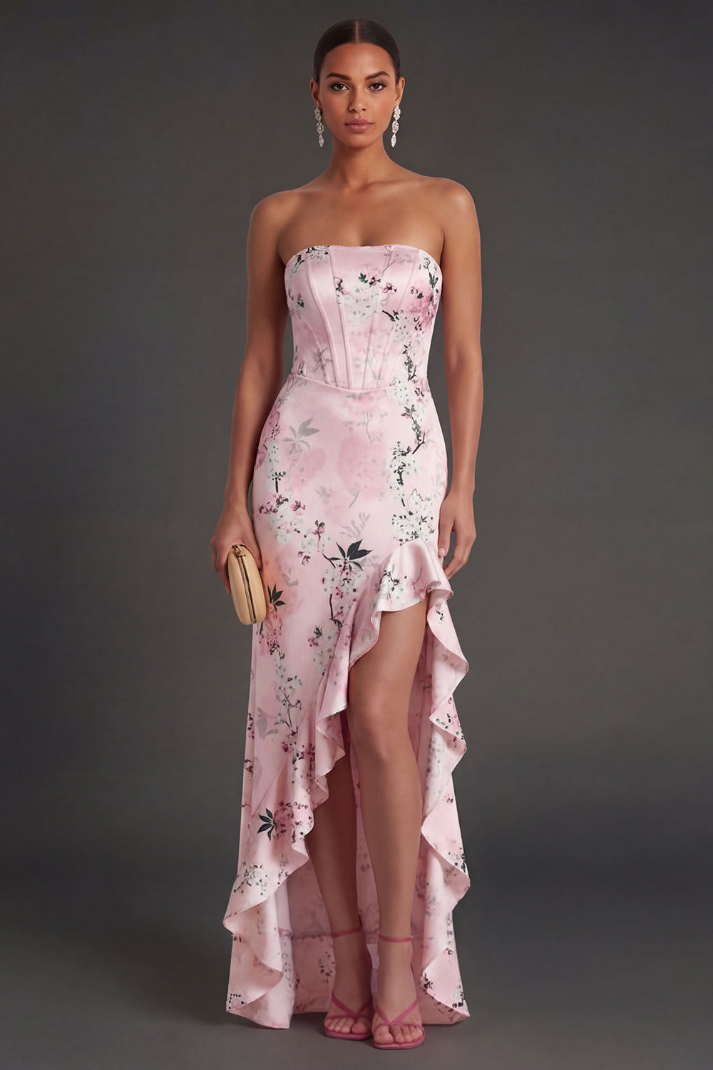 Pink A Line Ruffled Floral Strapless Long Wedding Guest Dress with Slit