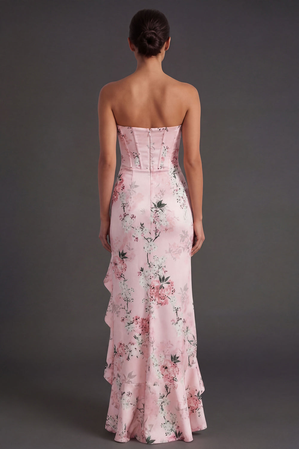 Pink A Line Ruffled Floral Strapless Long Wedding Guest Dress with Slit