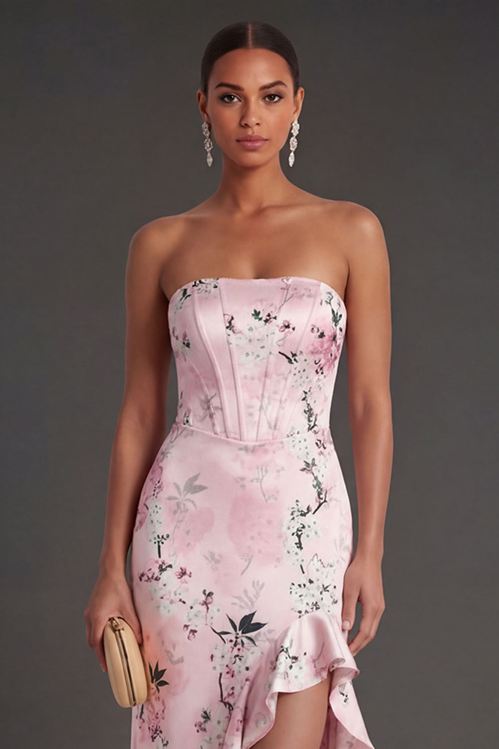 Pink A Line Ruffled Floral Strapless Long Wedding Guest Dress with Slit
