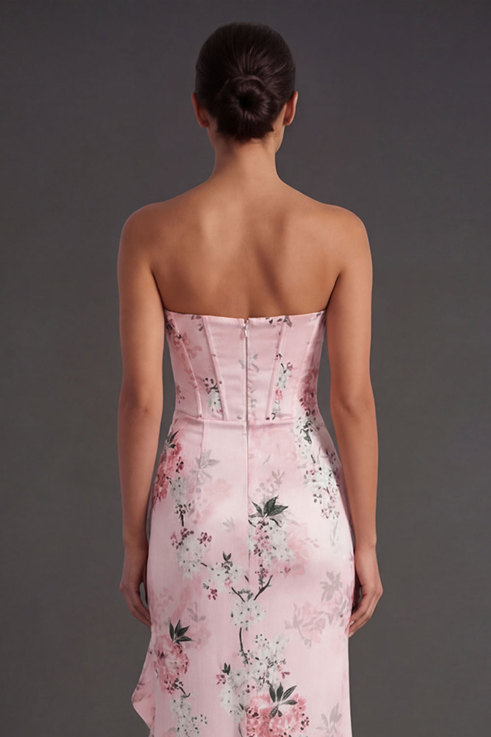 Pink A Line Ruffled Floral Strapless Long Wedding Guest Dress with Slit