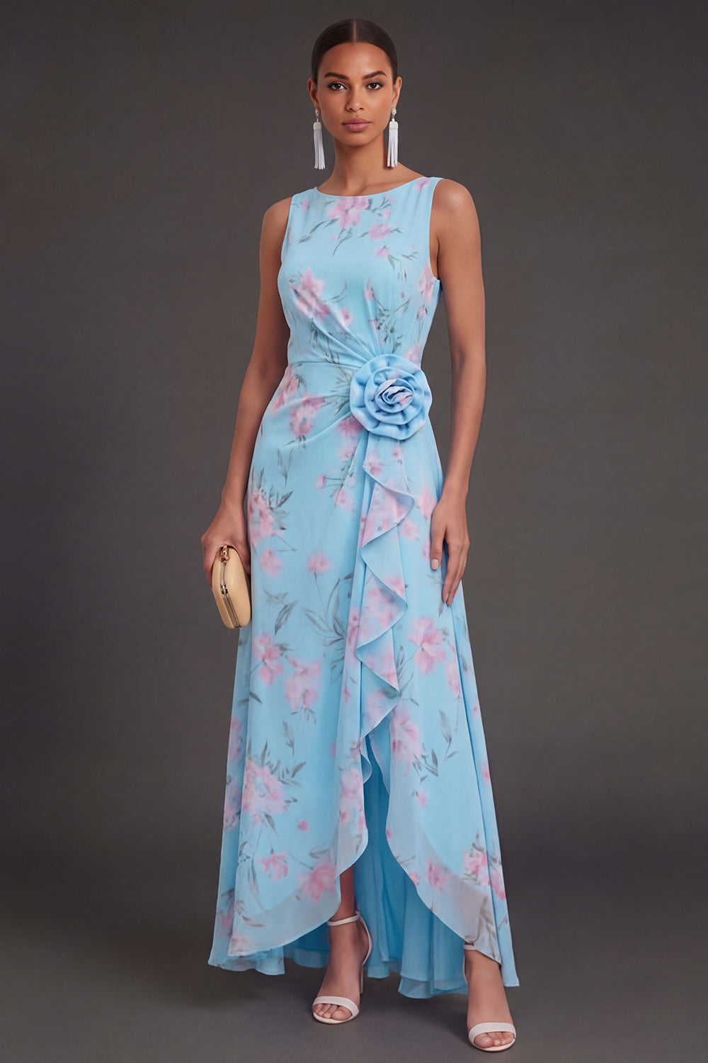 Blue Pink Floral A Line Ruched Ruffled Long Beach Wedding Guest Dress with Slit