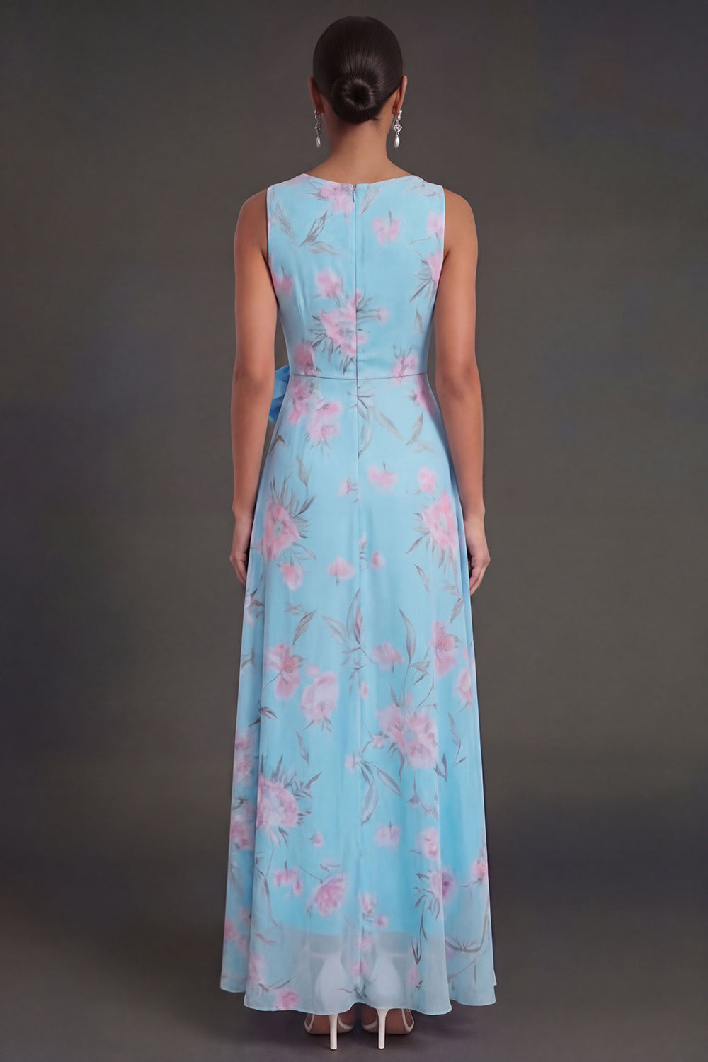 Blue Pink Floral A Line Ruched Ruffled Long Beach Wedding Guest Dress with Slit