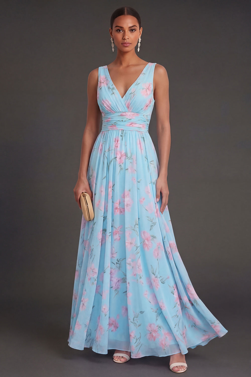 Blue Pink V Neck A Line Floral Sleeveless Long Beach Wedding Guest Dress