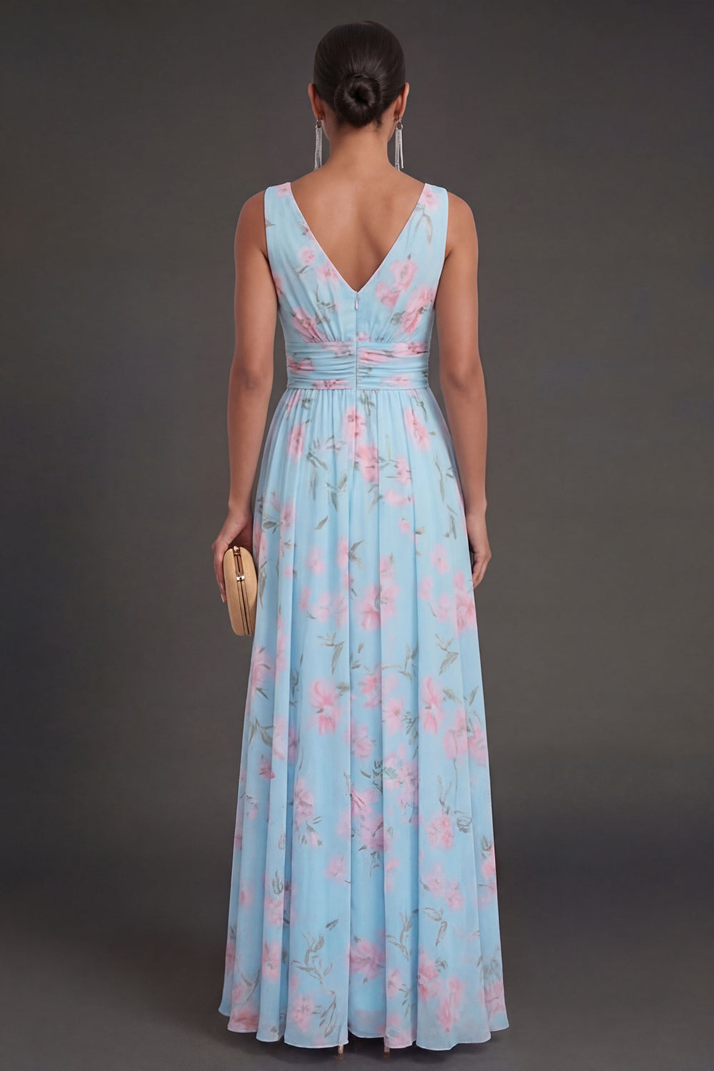 Blue Pink V Neck A Line Floral Sleeveless Long Beach Wedding Guest Dress