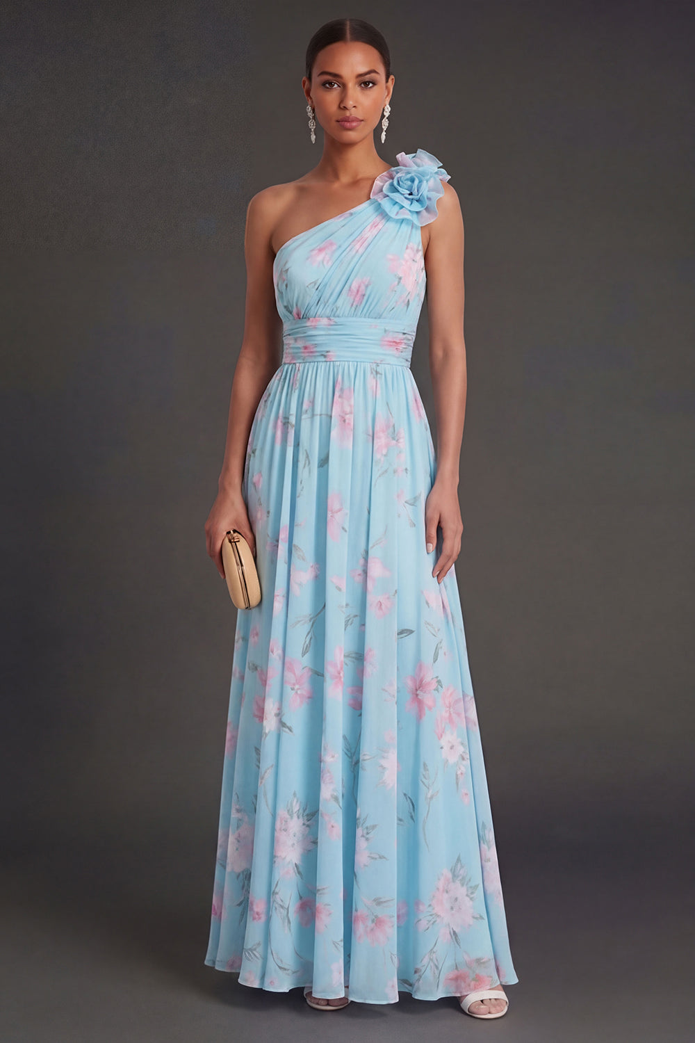 One Shoulder Blue Pink Floral A Line Long Beach Wedding Guest Dress