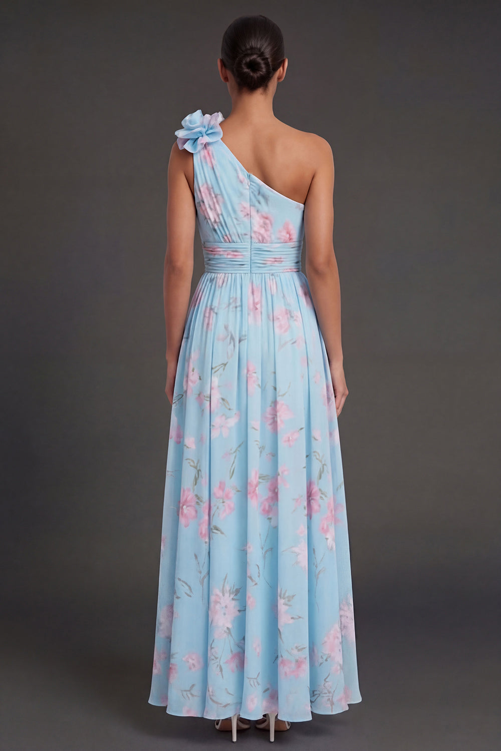 One Shoulder Blue Pink Floral A Line Long Beach Wedding Guest Dress