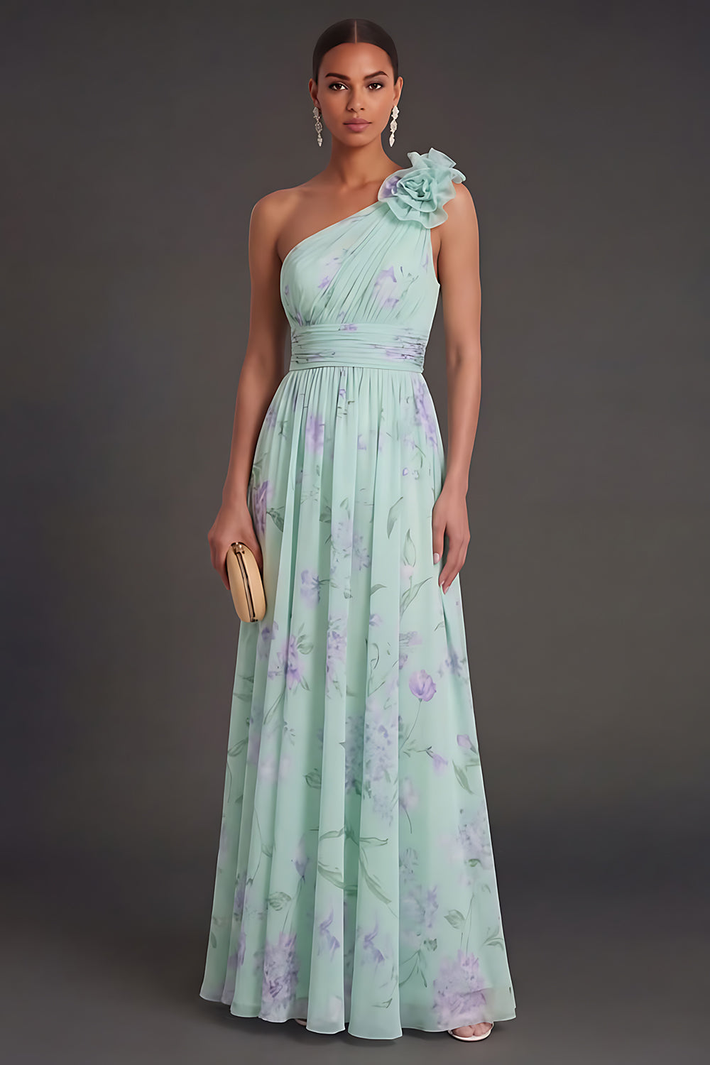 One Shoulder Blue Pink Floral A Line Long Beach Wedding Guest Dress