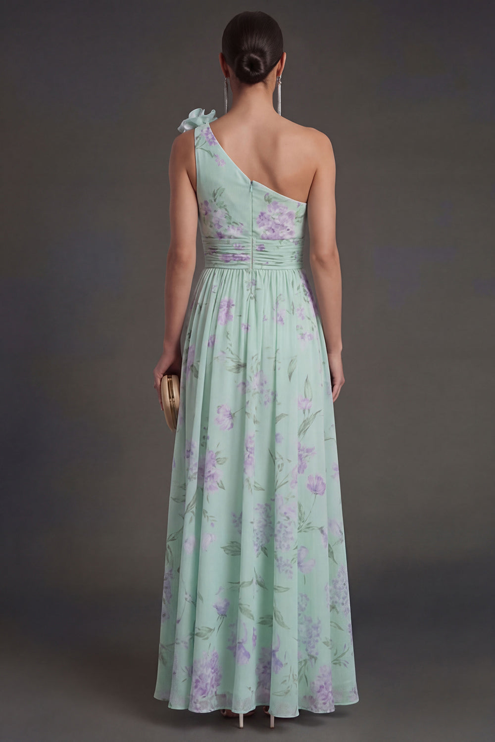 One Shoulder Blue Pink Floral A Line Long Beach Wedding Guest Dress