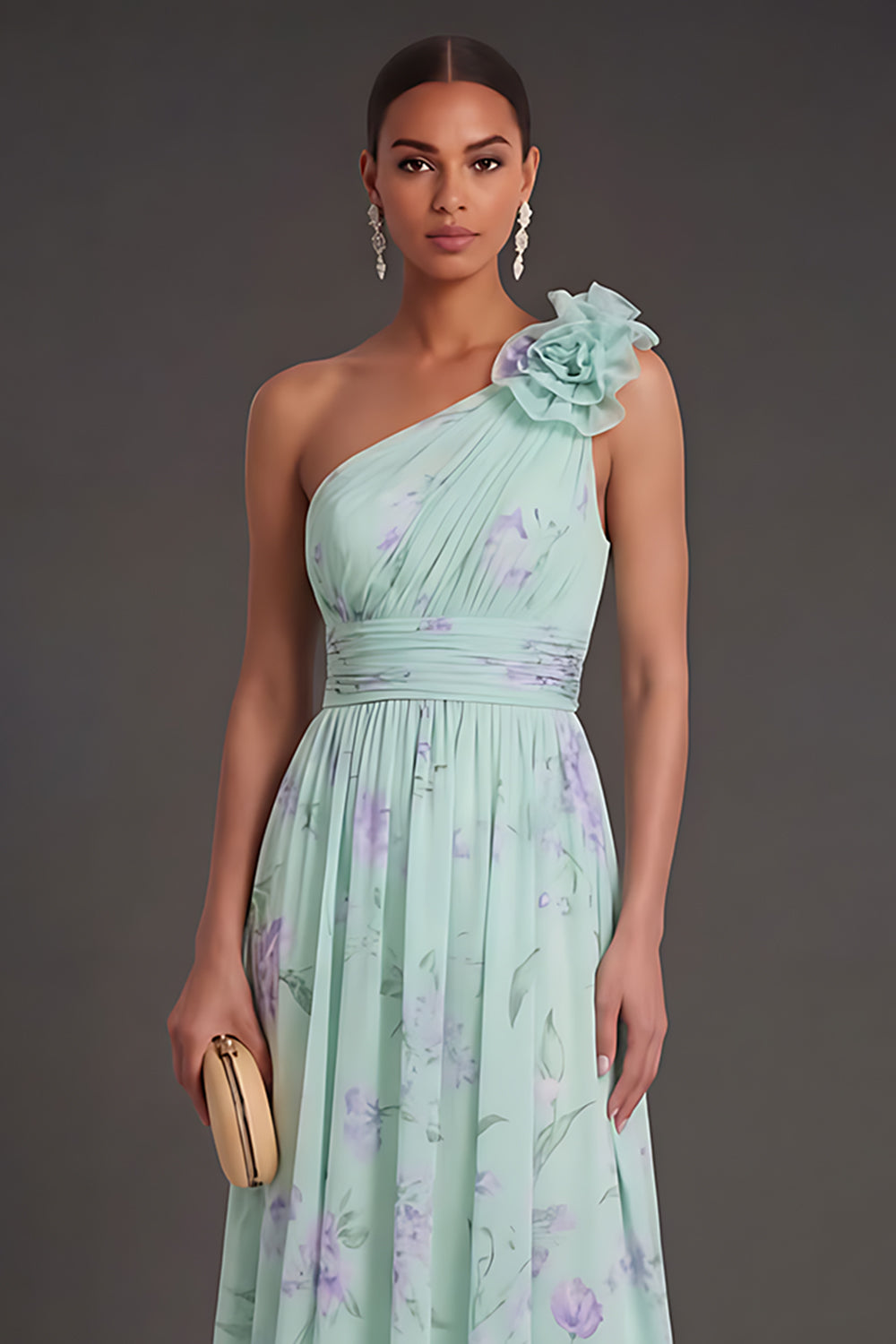 One Shoulder Blue Pink Floral A Line Long Beach Wedding Guest Dress