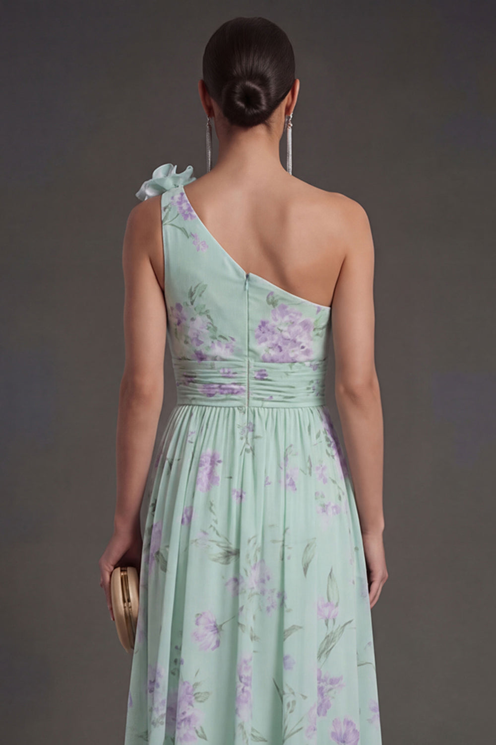 One Shoulder Blue Pink Floral A Line Long Beach Wedding Guest Dress