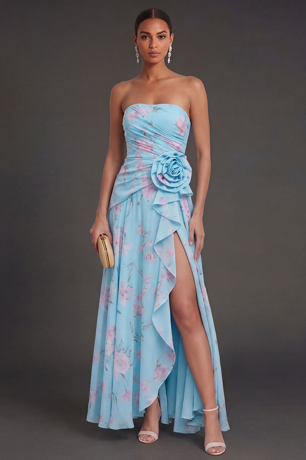 Ruffled Blue Pink Floral A Line Long Beach Wedding Guest Dress with Slit