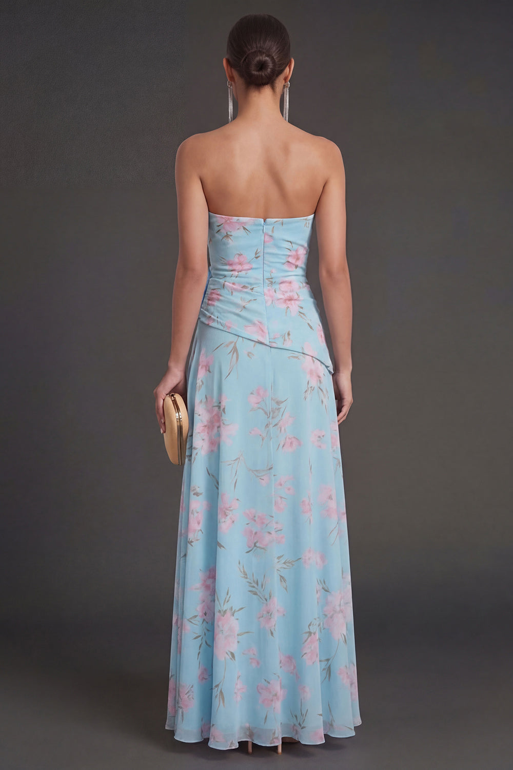 Ruffled Blue Pink Floral A Line Long Beach Wedding Guest Dress with Slit