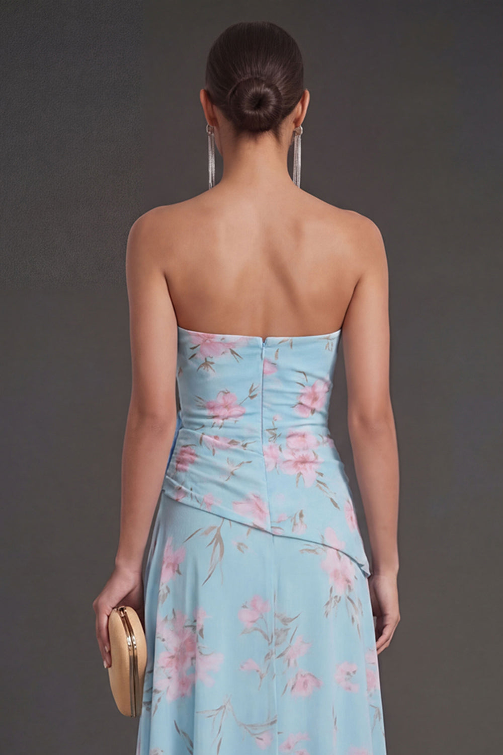 Ruffled Blue Pink Floral A Line Long Beach Wedding Guest Dress with Slit