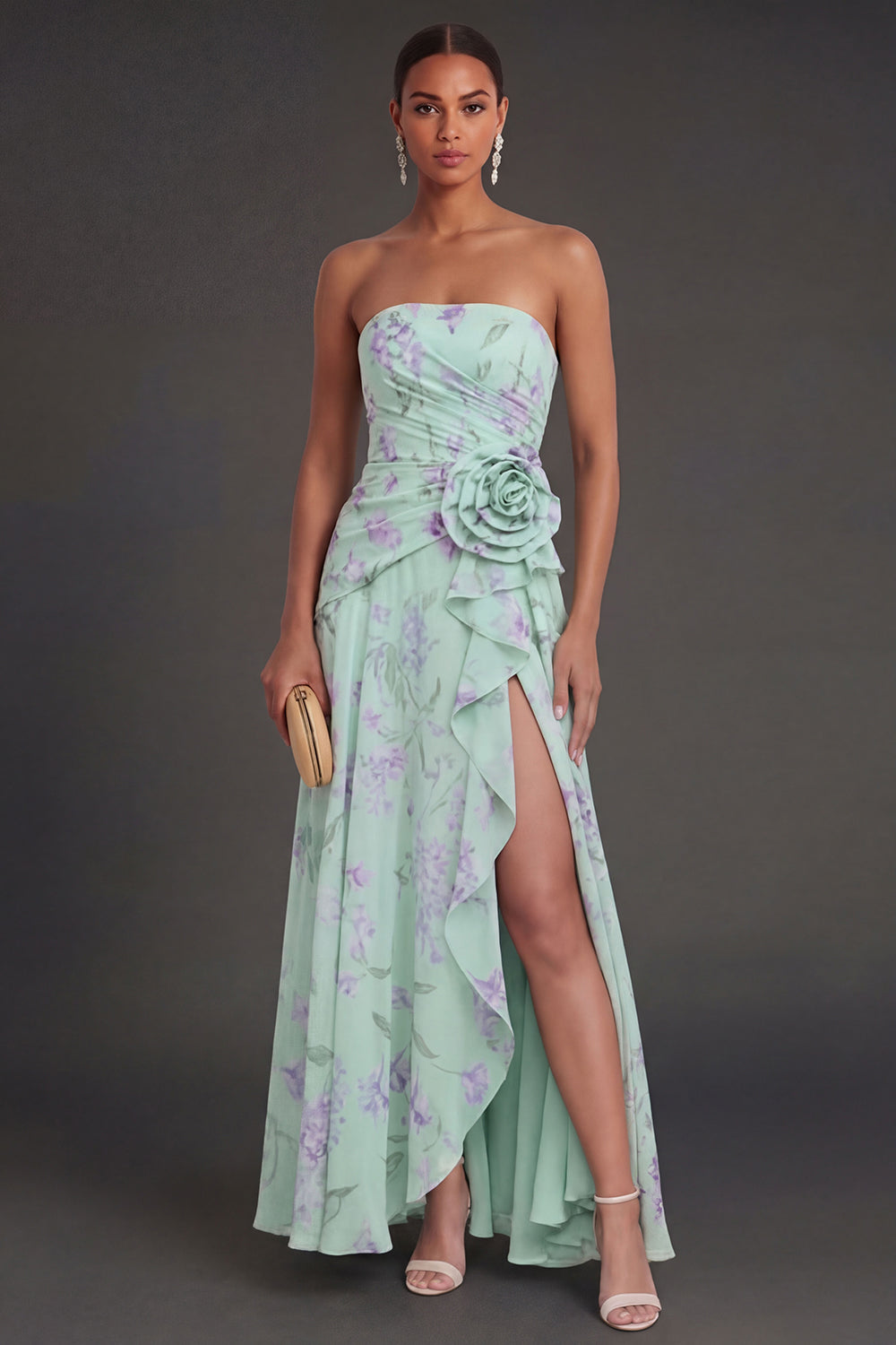 Ruffled Blue Pink Floral A Line Long Beach Wedding Guest Dress with Slit