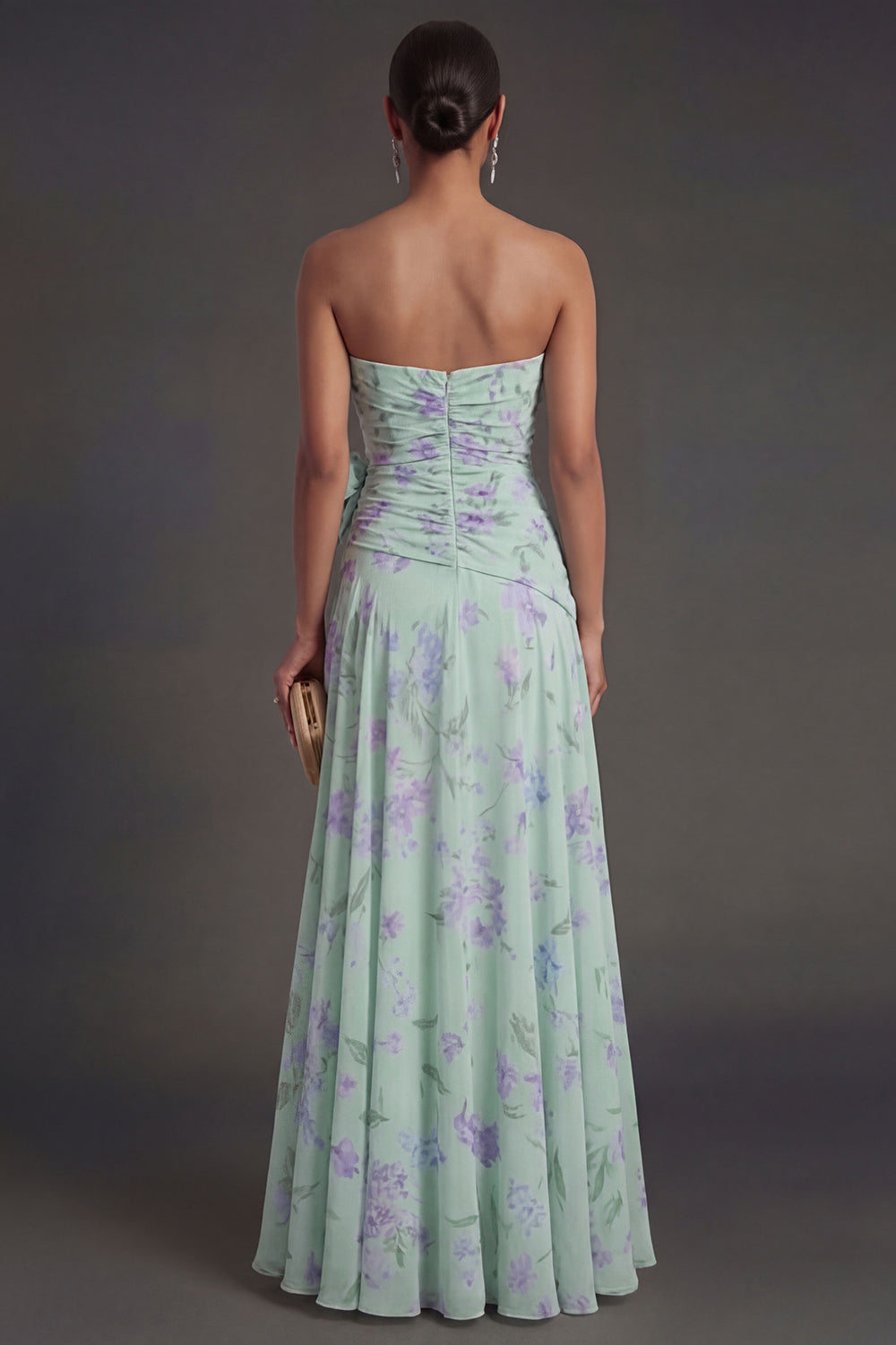 Ruffled Blue Pink Floral A Line Long Beach Wedding Guest Dress with Slit