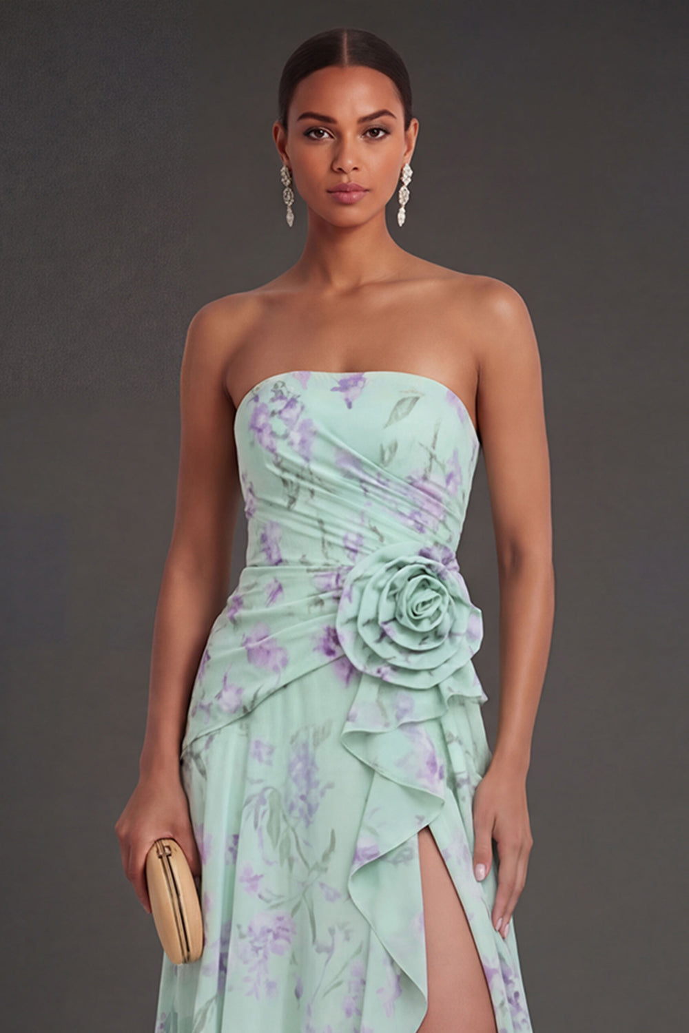 Ruffled Blue Pink Floral A Line Long Beach Wedding Guest Dress with Slit