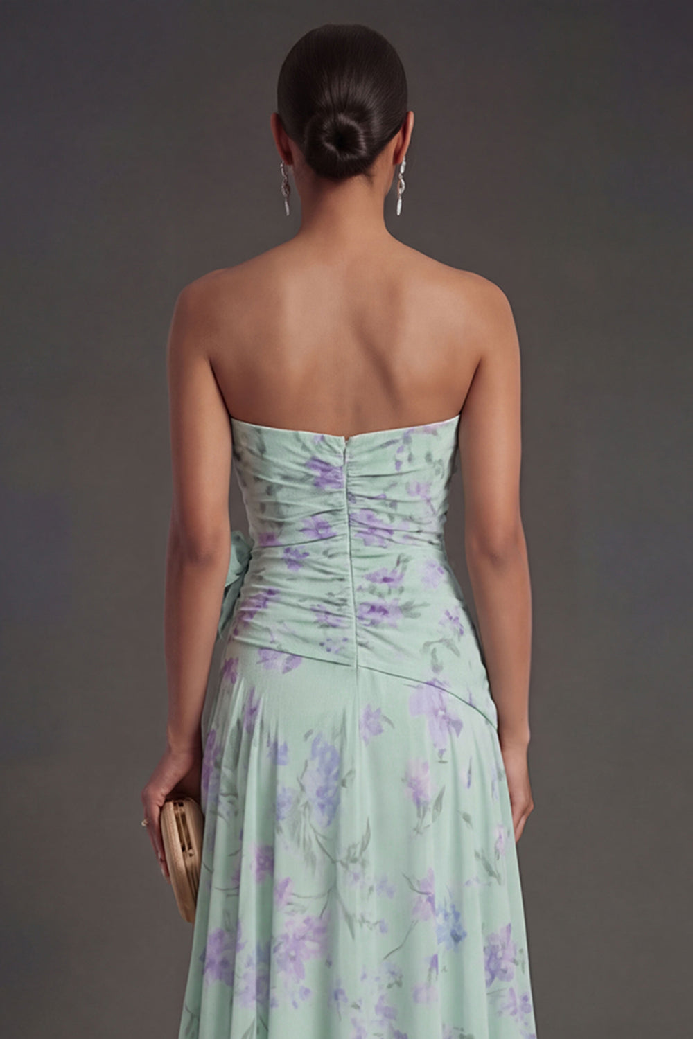 Ruffled Blue Pink Floral A Line Long Beach Wedding Guest Dress with Slit
