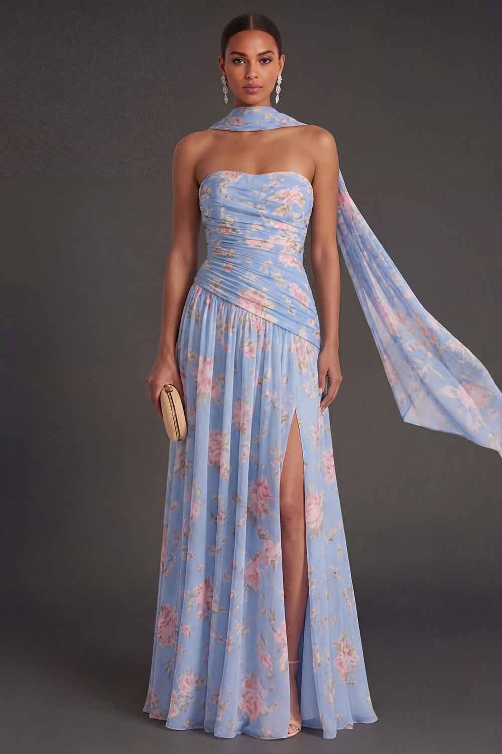 Blue Pink Floral A Line Ruched Strapless Long Beach Wedding Guest Dress with Slit