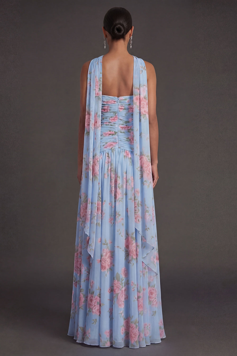 Blue Pink Floral A Line Ruched Strapless Long Beach Wedding Guest Dress with Slit