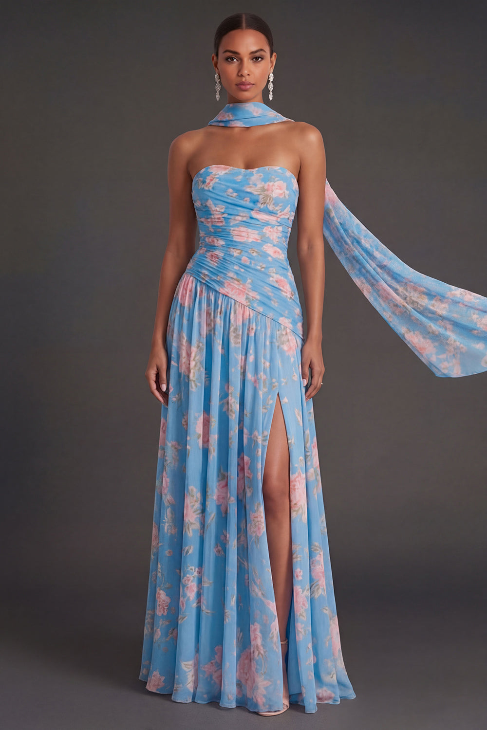 Leely Women Blue Pink Floral A Line Long Beach Wedding Guest Dress with Slit Ruched Strapless Backless Garden Party Dress