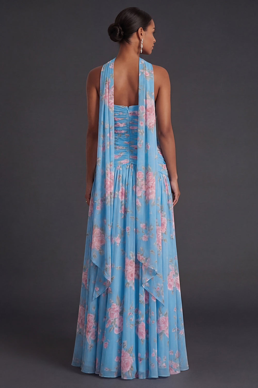 Blue Pink Floral A Line Ruched Strapless Long Beach Wedding Guest Dress with Slit